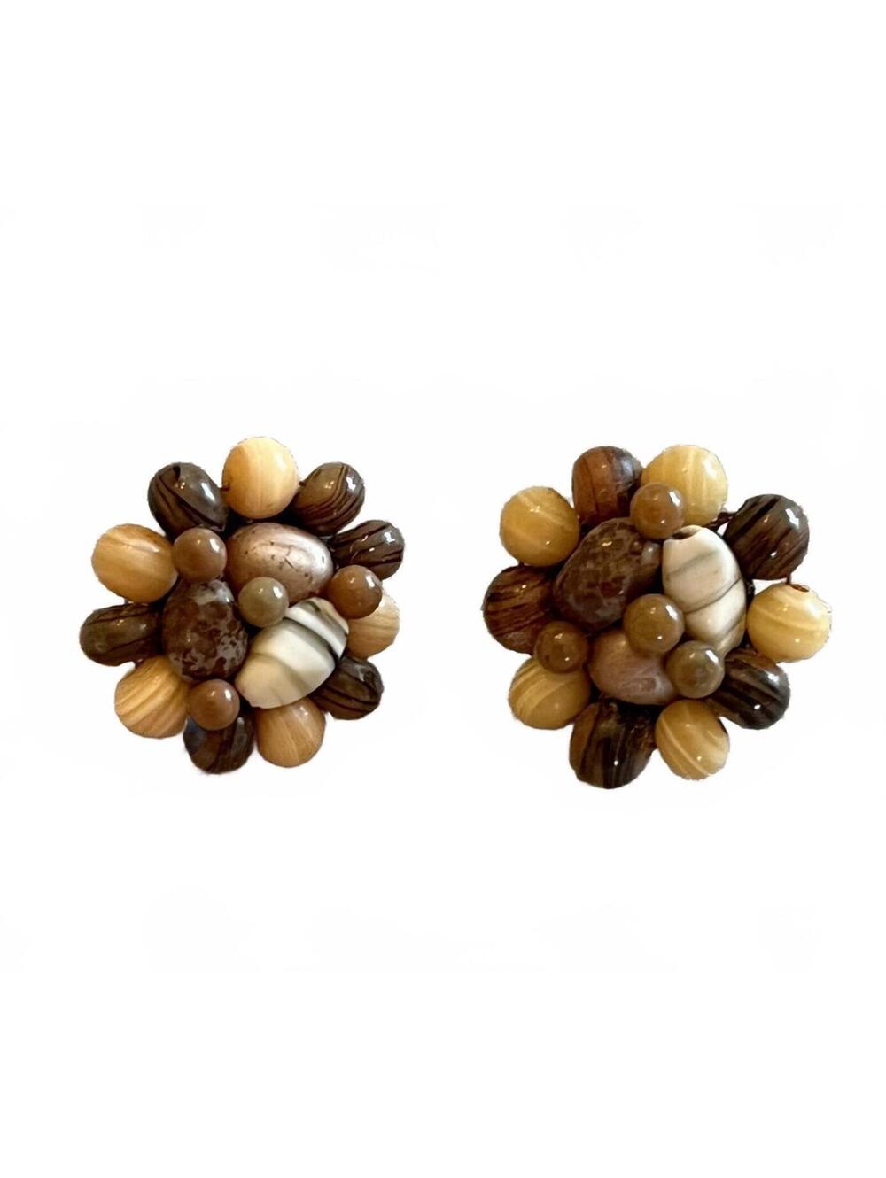 Vintage Beaded Cluster Clip-On Earrings Brown Cream Gold